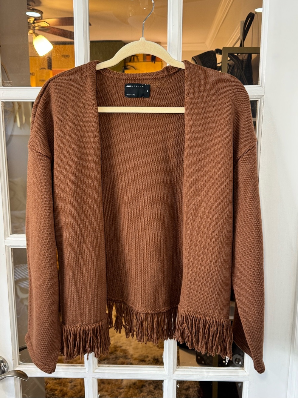 🌰 ASOS Brown Open-Front Fringe Hem Cardigan Sweater Top Boho 🌰 - Picture 2 of 7